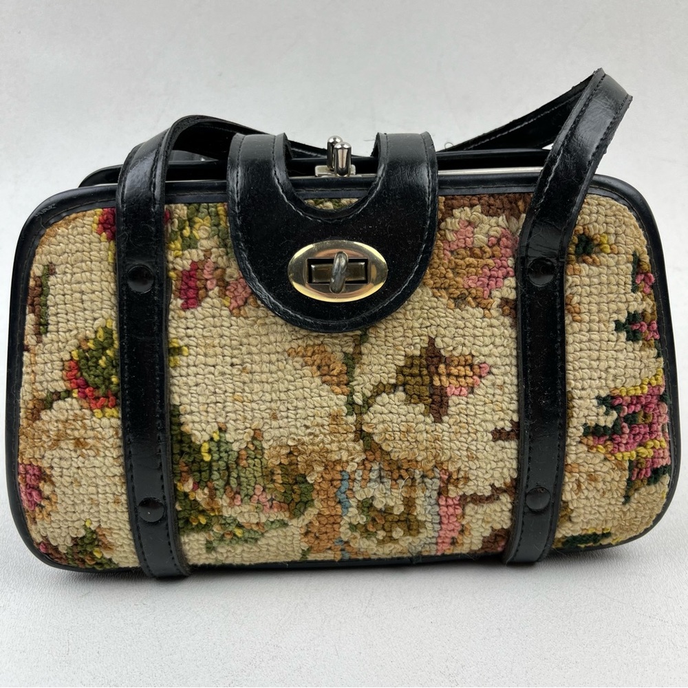 Vintage Spilene Purse Floral Carpet Pleather Brass 2 Sided Kiss Lock 1960s